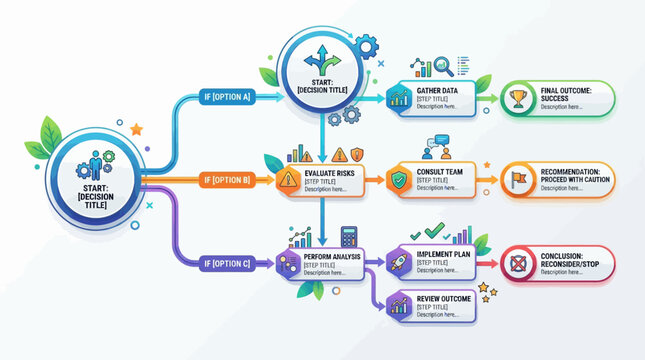 Business flowchart infographic with decision tree nodes for strategy and logical planning