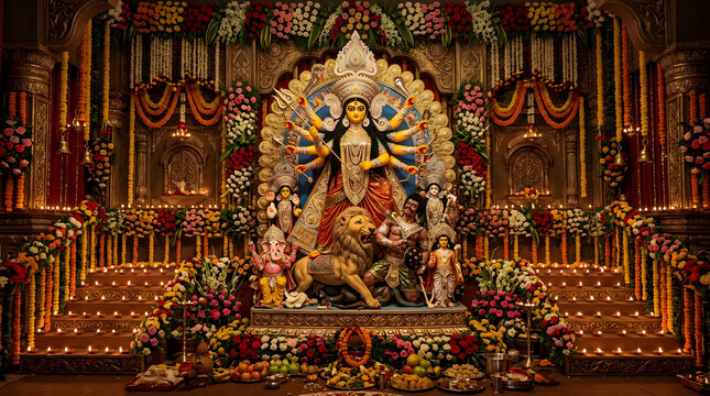 Durga Puja pandal with goddess Durga and decorations