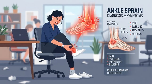 Medical Illustration of Woman with Ankle Sprain Injury in Office