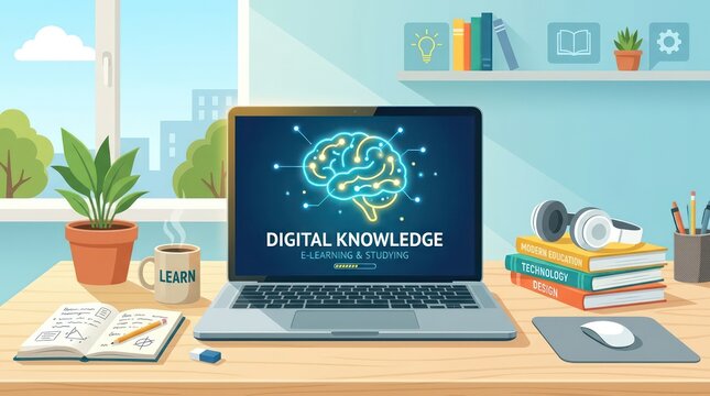 Laptop on Desk Displaying Digital Knowledge and E Learning Interface