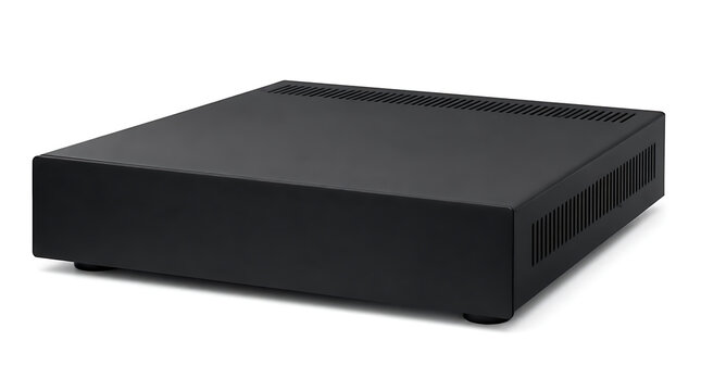 Modern black rectangular audio equipment on display.