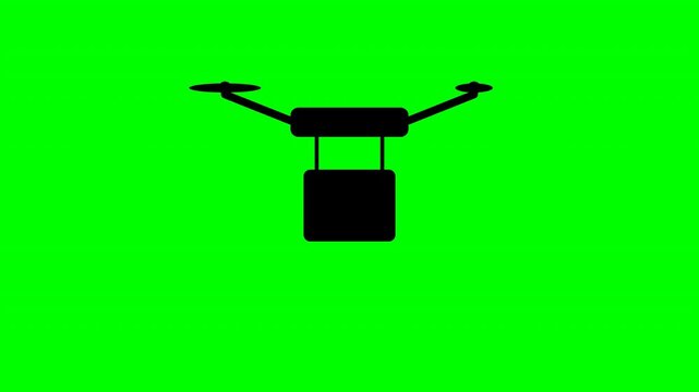 Quadcopter delivery drone silhouette carrying package on green screen