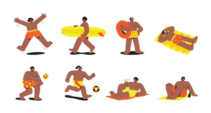 Set of men enjoying summer beach activities, flat vector character set surfing, sunbathing, playing volleyball, drinking cocktail, and swimming