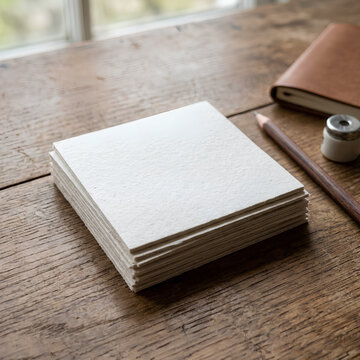 Stack of Blank Notepads on Wooden Desk Surface for Writing and Note Taking.