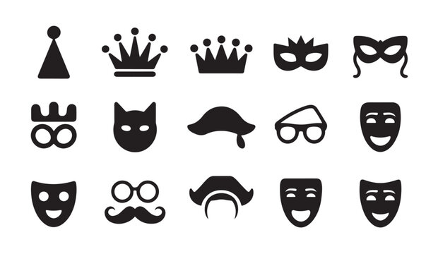 Group of miscellaneous festive party items including masks, crowns, hats, and glasses for costume celebrations.