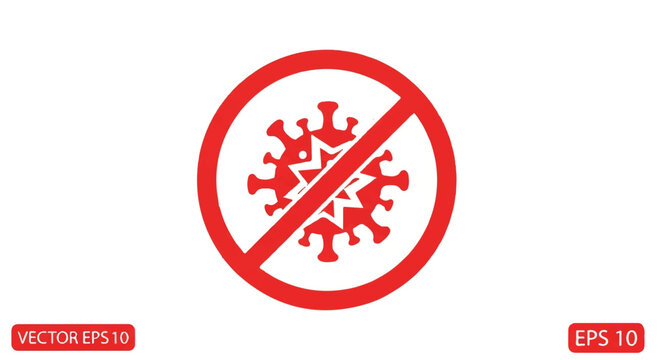 A minimalist vector icon of a jagged red virus germ being blocked by a thick diagonal line inside a solid circle, stop infection and antiviral symbol, high impact flat design, minimalist flat