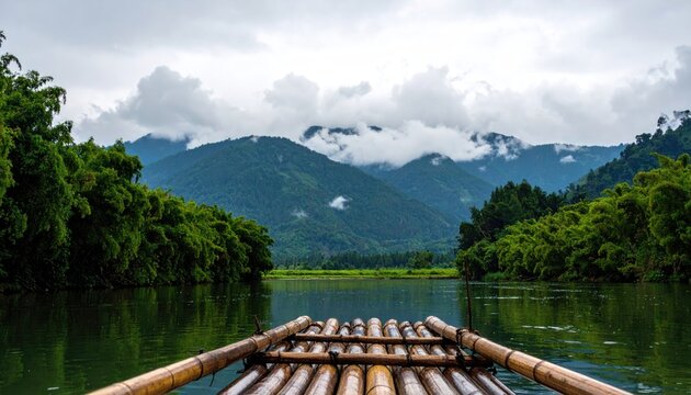 Bamboo raft on calm tropical river with misty mountains.