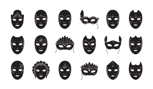 Collection of eighteen black and white traditional Venetian carnival masks with intricate details.
