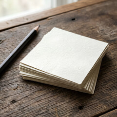 Fototapeta premium Stack of Blank Notepads with Pen on Wooden Surface.