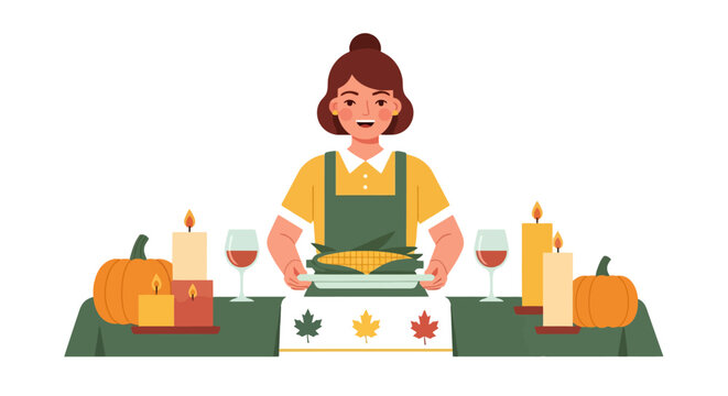 Woman preparing Thanksgiving dinner with festive table decorations.