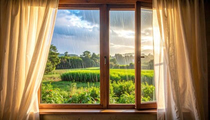 Fototapeta premium Curtained window view of lush green meadow landscape.