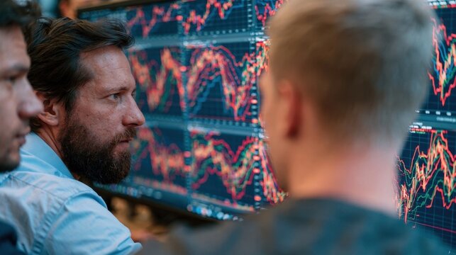 Three men intently analyzing real-time financial stock market data on multiple computer monitors