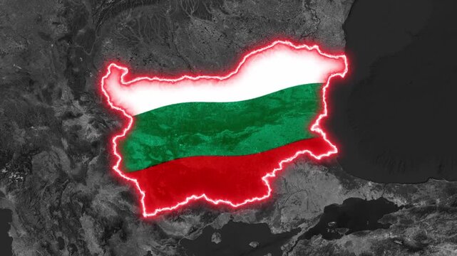 Bulgaria Map Highlight with Glowing Border on Black and White Satellite Map