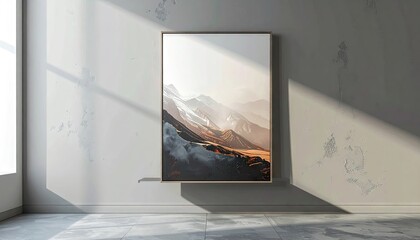 Fototapeta premium Modern room with mountain art and sunlight shadows