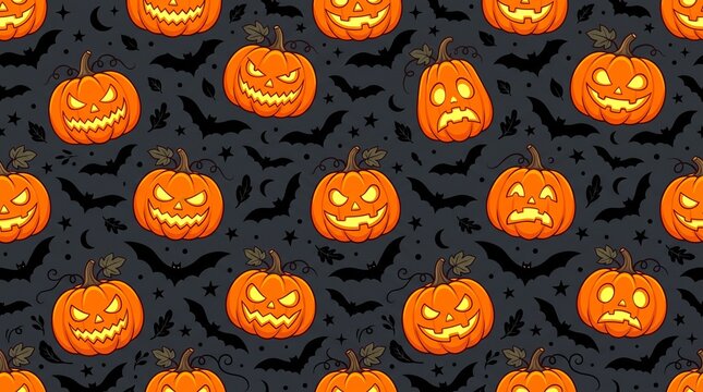 Halloween seamless pattern with glowing jack-o-lantern pumpkins and flying bats on dark background