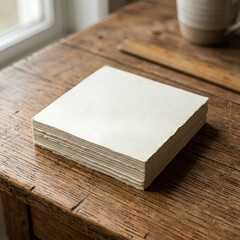 Fototapeta premium Stack of Blank White Notepads on Wooden Table Surface.