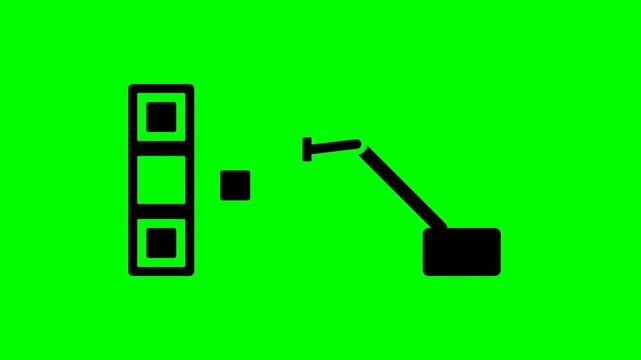Robotic warehouse picker arm icon sorting boxes on green screen