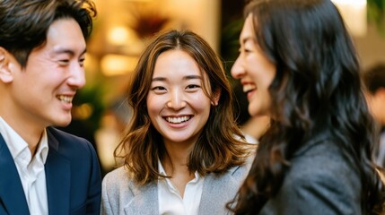 Fototapeta premium Three east asian friends laughing and smiling together at a social gathering