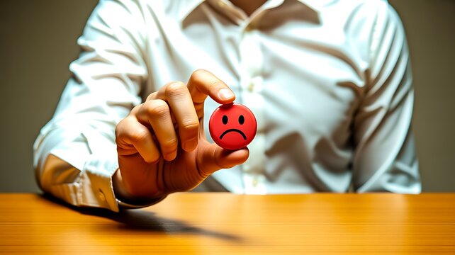 Businessman pressing sad emoji button for customer feedback and dissatisfaction
