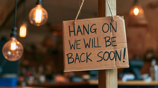 A handmade cardboard sign hangs in a shop with warm Edison lights. Ideal for representing a temporary business closure or store break message.