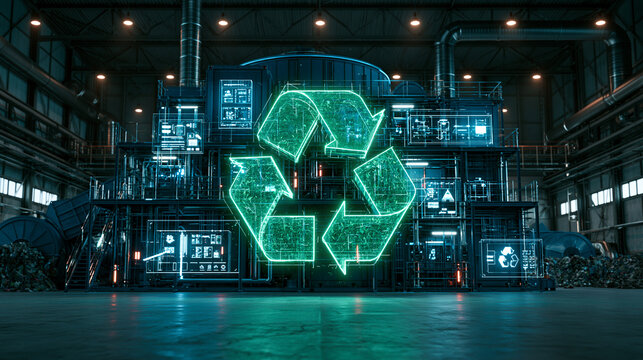 Futuristic recycling plant interior with a glowing digital recycle symbol and data interface. Sustainable technology concept for modern green industry campaigns.