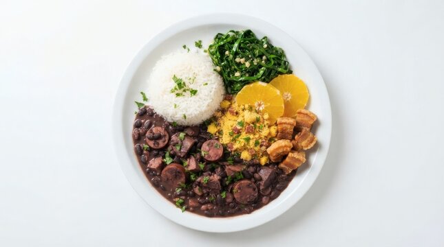 Top Down Brazilian Feijoada Meal Round White Plate Rice Collard Greens Orange Farofa

