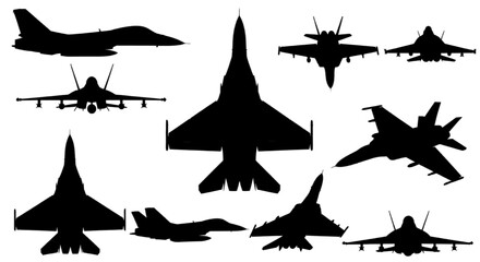 Obraz premium Fighter Jet Aircraft Icon Vector Silhouette Set Various Angles Aviation Collection