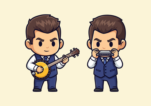 Cartoon musicians playing banjo and harmonica in suits