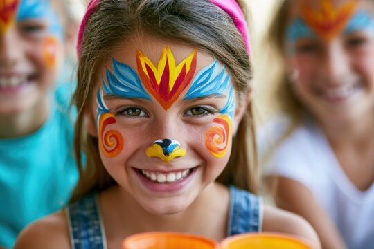 Young girl with colorful face paint smiling at carnival