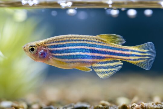 A vibrant zebrafish with horizontal blue and gold stripes swims in a freshwater aquarium