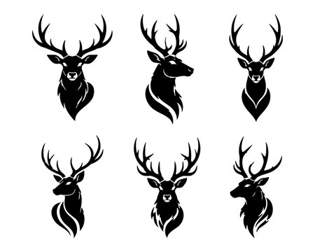 Black Deer Head Silhouettes Set With Antlers Vector Illustration