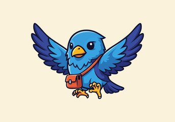 Fototapeta premium Cute blue cartoon bird with messenger bag flying