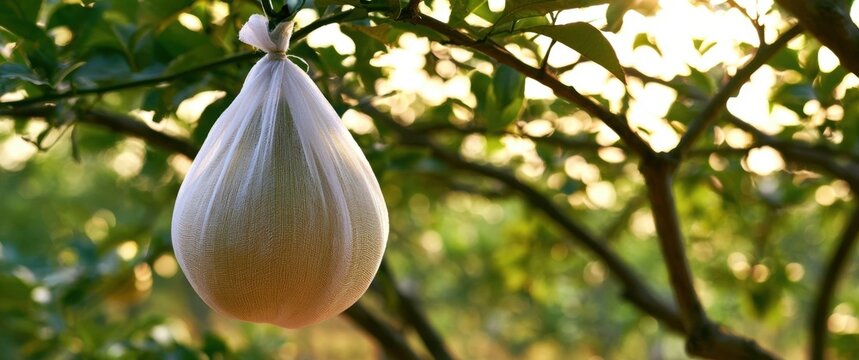 A single large pomelo fruit wrapped in protective white plastic hanging from a tree branch in a sunlit orchard