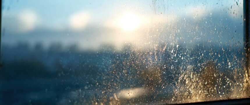Dusty window view with bright sunlight streaming through grime and water spots