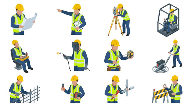 Construction Workers in Safety Gear Performing Various Tasks.