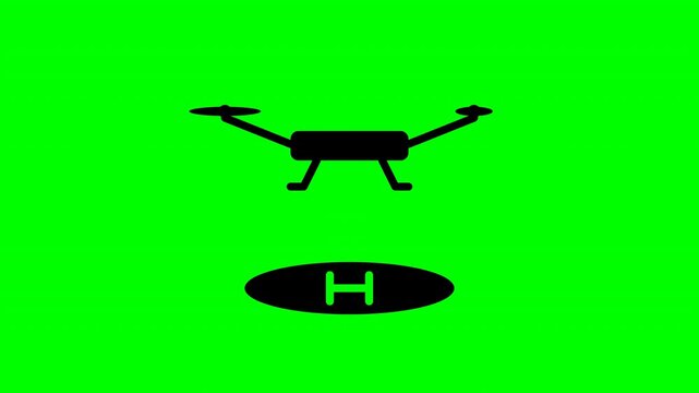 Delivery drone silhouette landing on helipad on green screen