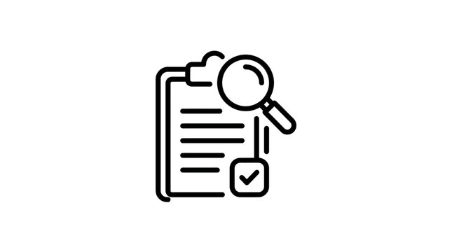 Clipboard with magnifying glass and checkmark icon - Research, analysis, audit, document review
