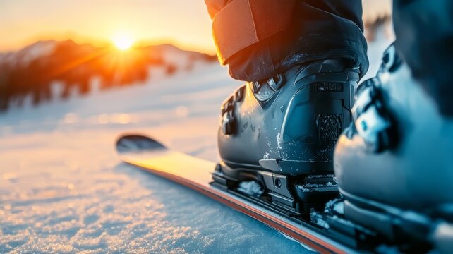Close up view of skier wearing professional ski boots on snowy mountain at sunset golden hour