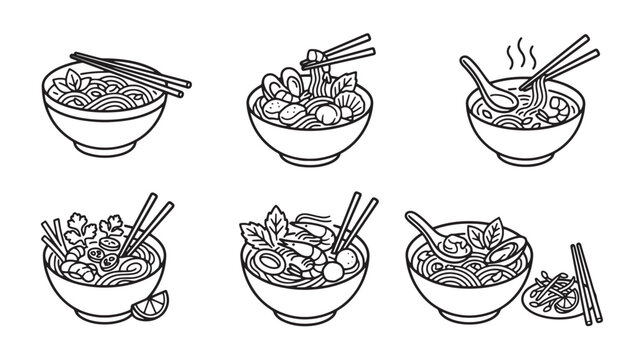 Assorted noodle soup bowls with chopsticks and spoons illustrated as icons chopsticks illustration collection monochrome isolated background minimalist culinary steaming authentic slurping