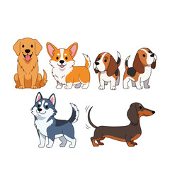 Obraz premium Cute Dog Breed Character Collection Golden Retriever Corgi Beagle Husky and Dachshund Flat Vector Set