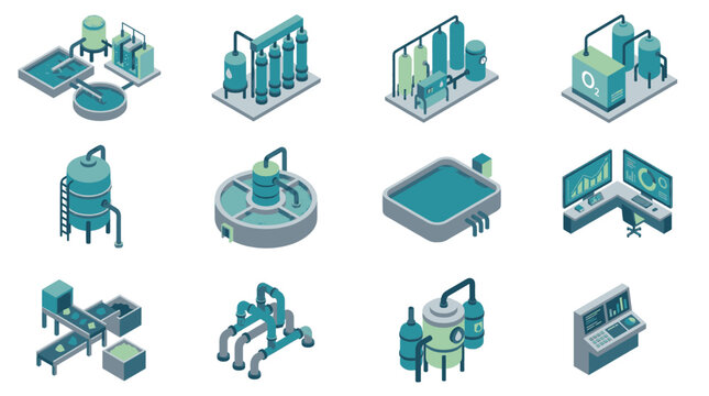 Isometric industrial plant equipment and machinery set, representing manufacturing and production processes.