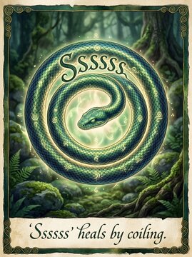 Mystical Coiled Serpent Ouroboros Fantasy Tarot Card Illustration with Glowing Runes and Forest Background