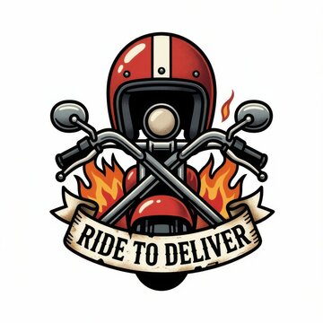 Vintage motorcycle helmet with crossed handlebars, flaming badge artwork, chrome details, and bold racing style emblem centered on clean white background, with motorcycle, helmet, handlebar, flame