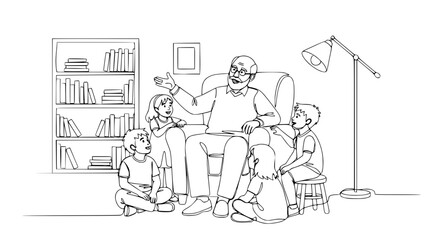 Grandfather Reading Story to Children in Cozy Living Room