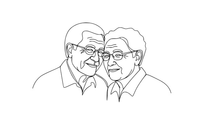 Elderly Couple Portrait, Simple Line Art, Love and Togetherness, White Background