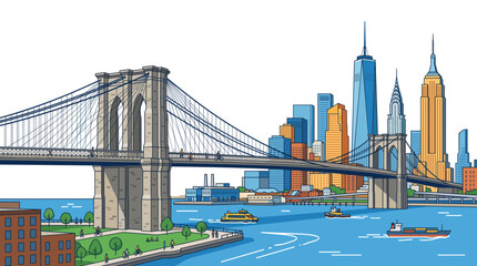 Naklejka premium brooklyn bridge vector cityscape skyline colorful flat illustration of iconic american metropolis downtown with suspension structure over river boats and skyscrapers travel design