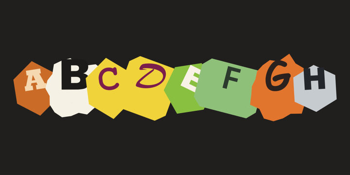 Alphabet letters a to h on colorful torn paper shapes on a dark grey background