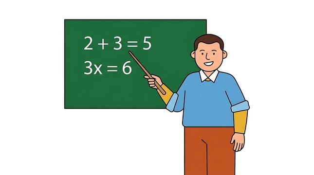 A male math teacher pointing at blackboard with algebra equations