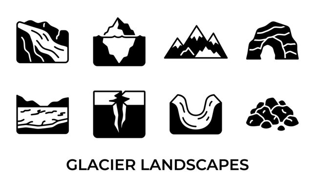 Set of Minimalist Glacier and Geological Landform Icons Representing Diverse Arctic Environments and Natural Ice Formations for Cartographic Mapping