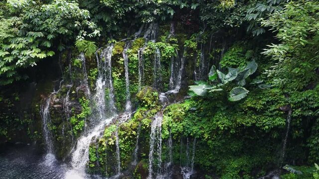 Tropical waterfall with natural pool and lush plants. Banyu Wana Amertha Waterfall in Bali.